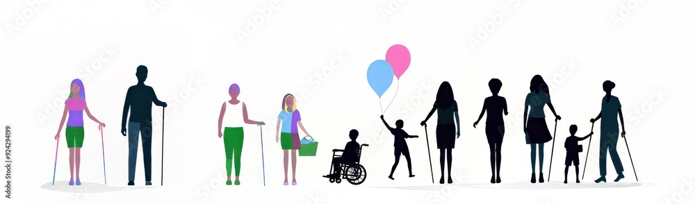 Diverse group of silhouettes representing different abilities and family connections. Diverse group of silhouettes representing different abilities and family connections.