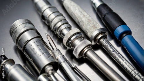 Surgical Instruments: A close-up view of a variety of surgical instruments, gleaming with a cold, sterile sheen, ready for precision and meticulous work. This image is perfect for medical publications