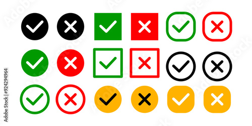Sharp green checkmark and red cross icon vector. Sign and symbol for right and wrong choise.