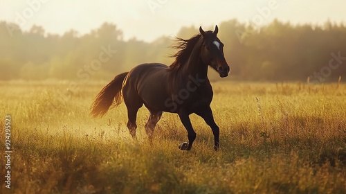 running black horse Warmblood at morning field