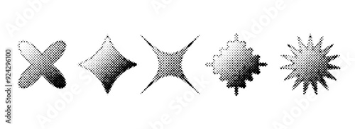 Halftone grain gradient star set. Dotted grunge geometric shape collection. Y2K bitmap element bundle. Pixel comic burst and sparkle elements for graphic design, poster, banner, flyer. Vector pack