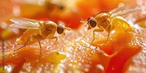 Fruit flies Drosophila melanogaster feeding on tomato slices in a domestic kitchen