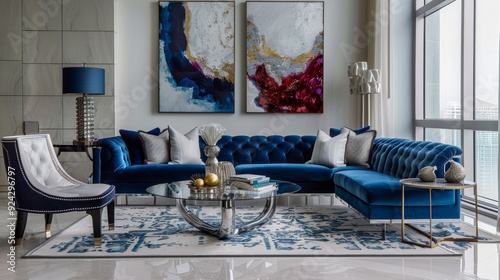 The jeweltoned velvet sofa adds a touch of opulence to the elegant living room space. photo