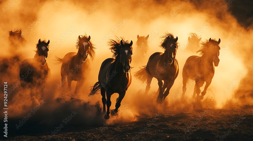 Fototapeta premium wild horses running in groups through the dust and smoke at river.