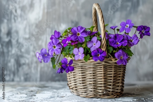 purple flowers In basket on cement Background