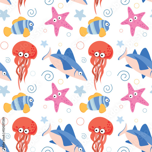 Seamless pattern of marine animals, jellyfish, shark, coral fish, children's background of sea ocean life, suitable for textiles, wallpaper and marine themed designs.