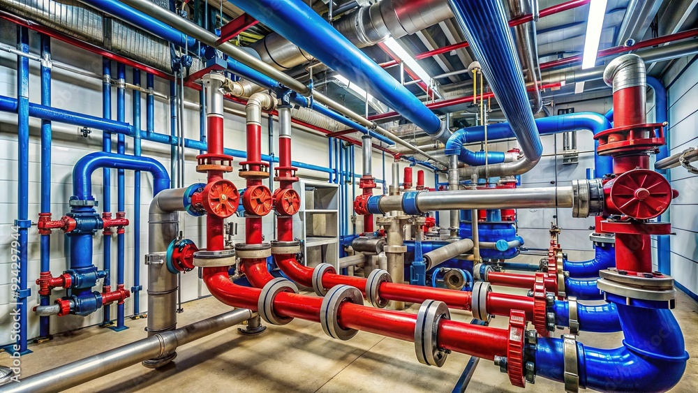 Detailed water piping system infrastructure in a commercial building, showcasing a network of pipes, valves, and fittings that supply water to various floors and units. Detailed water piping system infrastructure in a commercial building, showcasing a network of pipes, valves, and fittings that supply water to various floors and units.