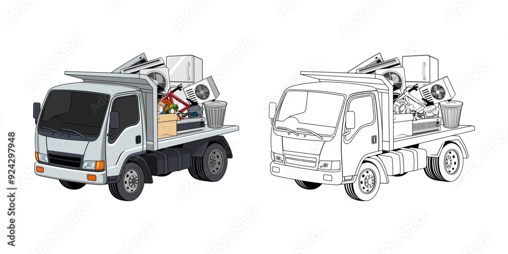 Obraz premium Pickup Truck Loaded Household Junk Cartoon Design Illustration vector eps format suitable for your design needs logo illustration animation etc