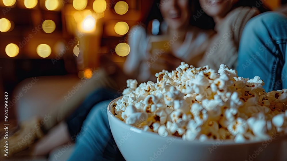 Close-up of a Bowl of Popcorn in Front of a Blurred Couple Close-up of a Bowl of Popcorn in Front of a Blurred Couple