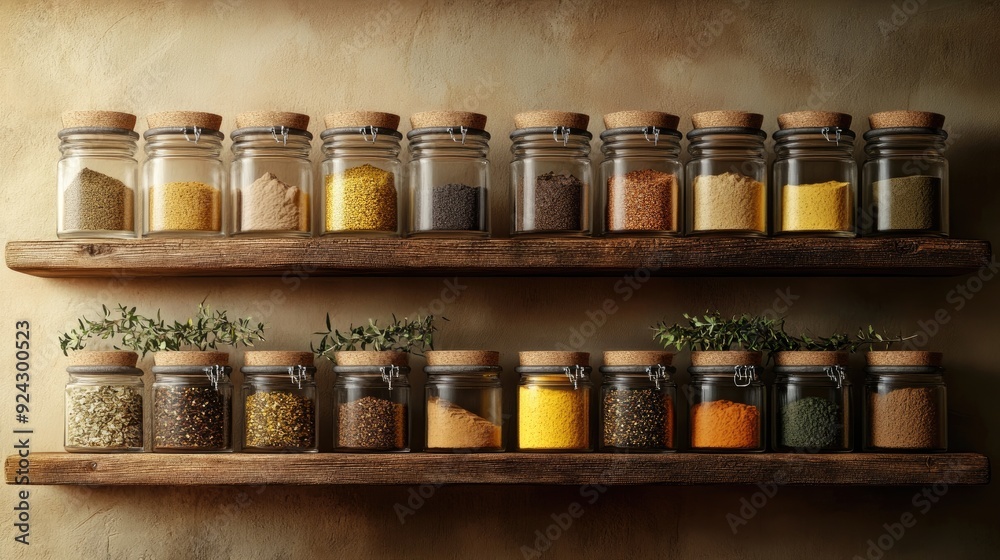 collection of glass jars filled with organic herbal powders, arranged neatly on a wooden shelf, soft ambient lighting, warm and natural tones collection of glass jars filled with organic herbal powders, arranged neatly on a wooden shelf, soft ambient lighting, warm and natural tones