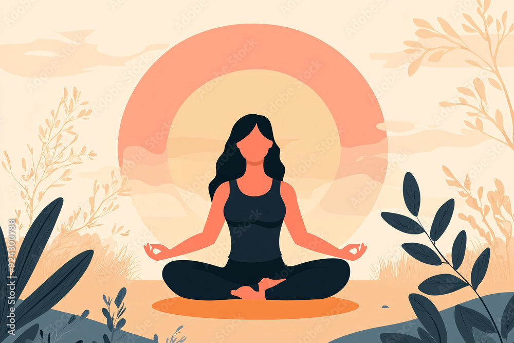 Serene Woman Meditating in Lotus Position with Rising Sun Serene Woman Meditating in Lotus Position with Rising Sun