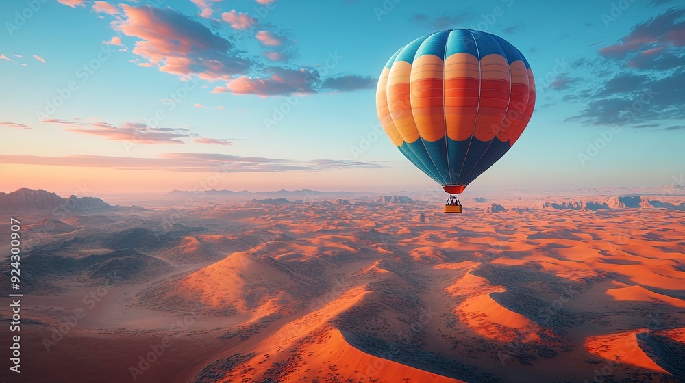 Obraz premium colorful hot air balloon floating above a vast desert landscape, with dunes stretching out into the distance, bright daylight, adventurous and expansive tones