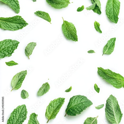 Fresh Mint Delight - Falling Spearmint Leaves Creating a Fragrant Frame on a White Background.