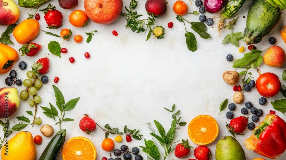Nutritious Harvest - A Colorful Fruit and Vegetable Frame from a Top View on a White Background. Nutritious Harvest - A Colorful Fruit and Vegetable Frame from a Top View on a White Background.