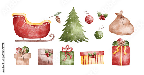 Watercolor Illustration Set of Christmas Elements