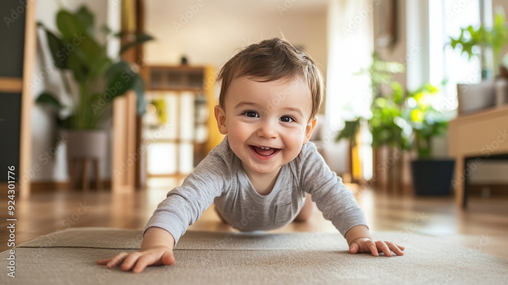 Joyful Exploration - A Happy Little Boy Crawling on the Floor of His Modern Apartment.