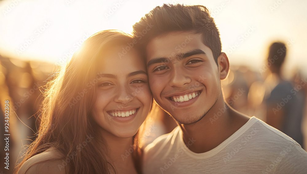 Young Hispanic couple enjoying a romantic golden hour at beach Young Hispanic couple enjoying a romantic golden hour at beach