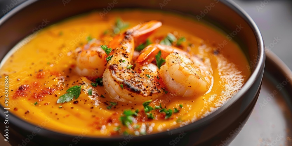 Creamy pumpkin soup with shrimp on a restaurant menu Creamy pumpkin soup with shrimp on a restaurant menu