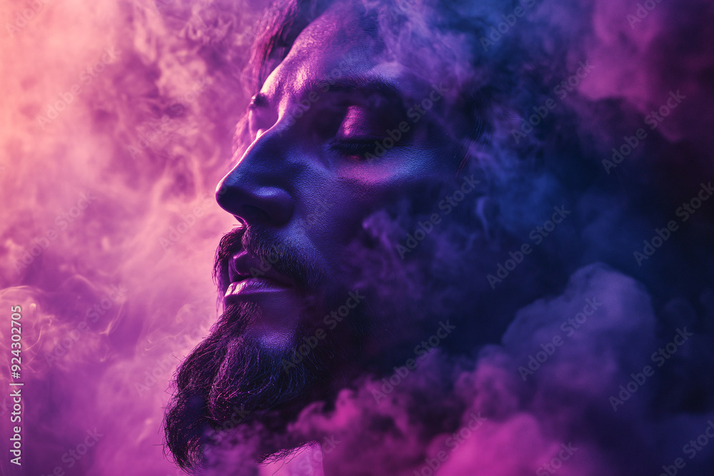 Jesus Surrounded by Purple and Pink Clouds in Cinematic Style Jesus Surrounded by Purple and Pink Clouds in Cinematic Style