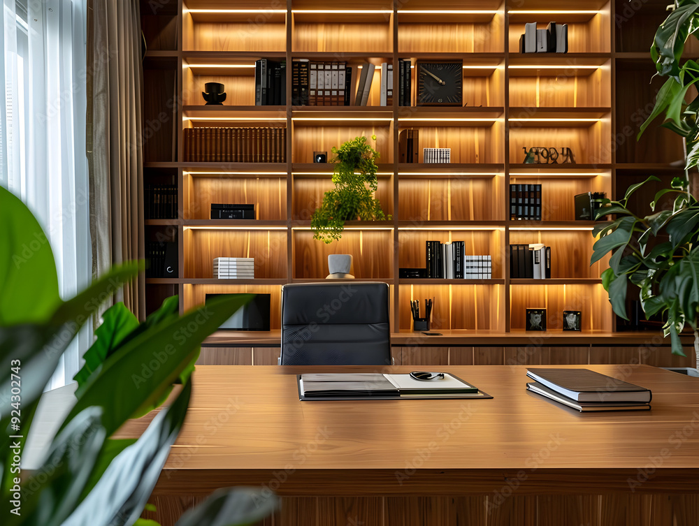 Modern Office Interior Design with Wooden Bookshelf and Desk Modern Office Interior Design with Wooden Bookshelf and Desk
