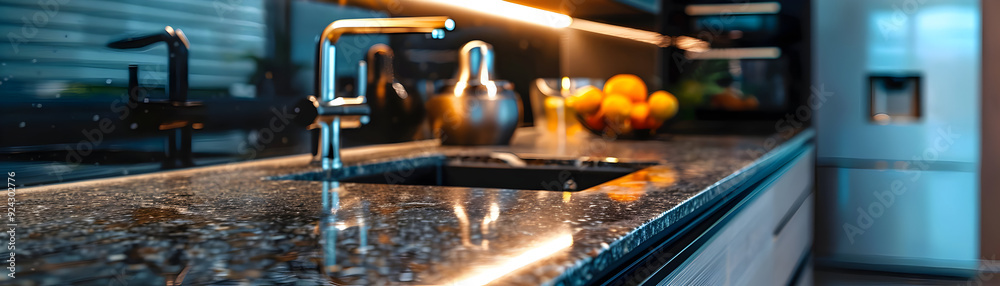 Modern Kitchen Countertop with Sink and Faucet - Closeup Photo Modern Kitchen Countertop with Sink and Faucet - Closeup Photo