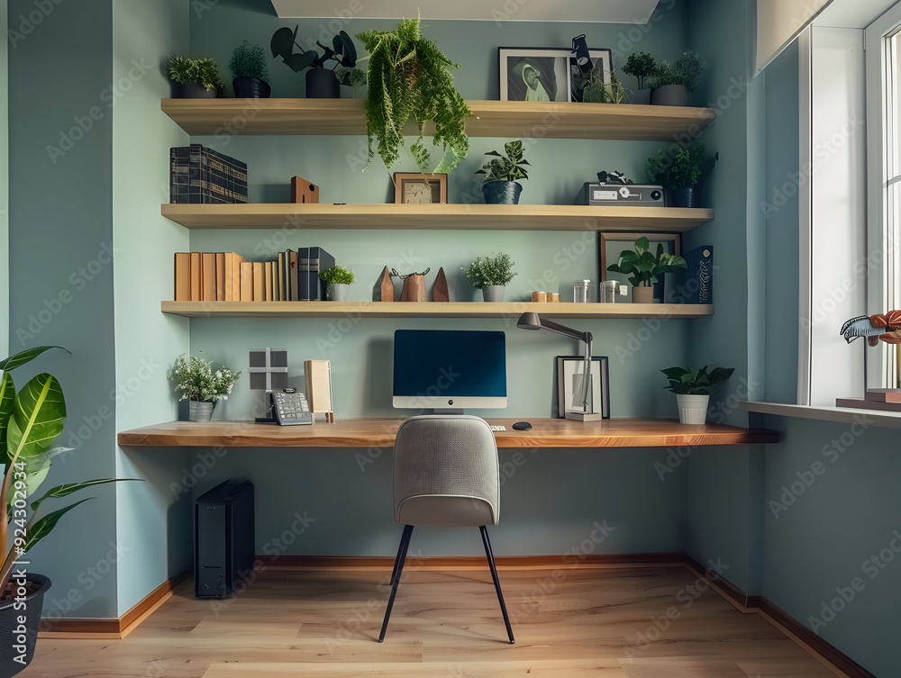 Modern Home Office Interior Design with Wooden Desk and Shelves - Realistic Image Modern Home Office Interior Design with Wooden Desk and Shelves - Realistic Image