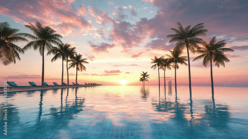 empty luxury resort pool at sunset, with palm trees and loungers reflected in the water, soft ambient lighting, tropical and tranquil tones empty luxury resort pool at sunset, with palm trees and loungers reflected in the water, soft ambient lighting, tropical and tranquil tones