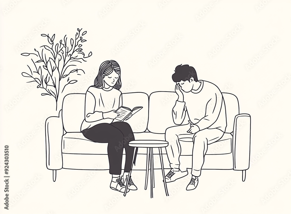 Woman comforting a crying person in simple line art. Woman comforting a crying person in simple line art.