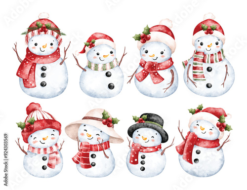 Watercolor Illustration Set of Snowman