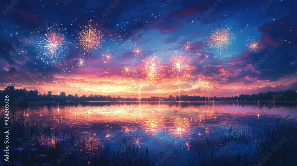 Fototapeta premium fireworks display reflecting off a lake, bright colors lighting up the sky, serene and festive atmosphere