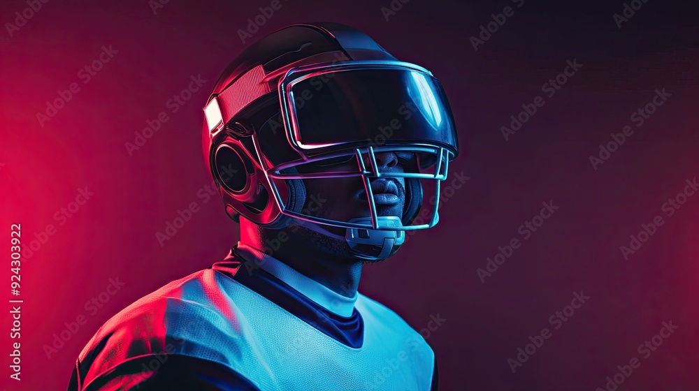 football player with a VR headset, simulating game scenarios, bright ambient lighting, modern and immersive atmosphere football player with a VR headset, simulating game scenarios, bright ambient lighting, modern and immersive atmosphere