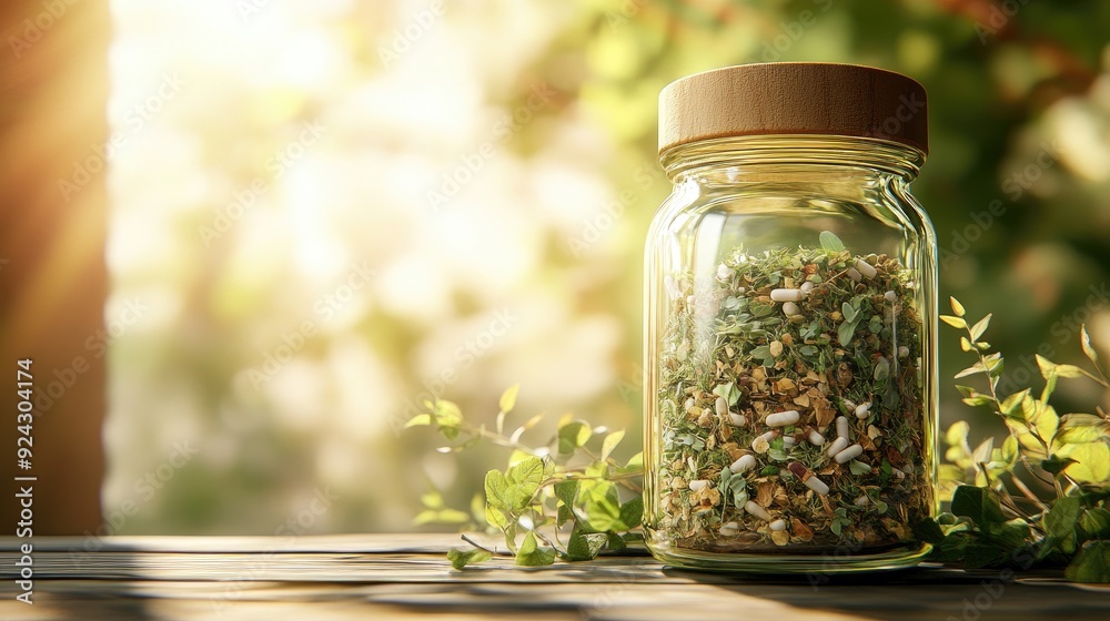 glass jar filled with dried medicinal herbs, placed on a wooden table, soft ambient lighting, warm and natural tones glass jar filled with dried medicinal herbs, placed on a wooden table, soft ambient lighting, warm and natural tones