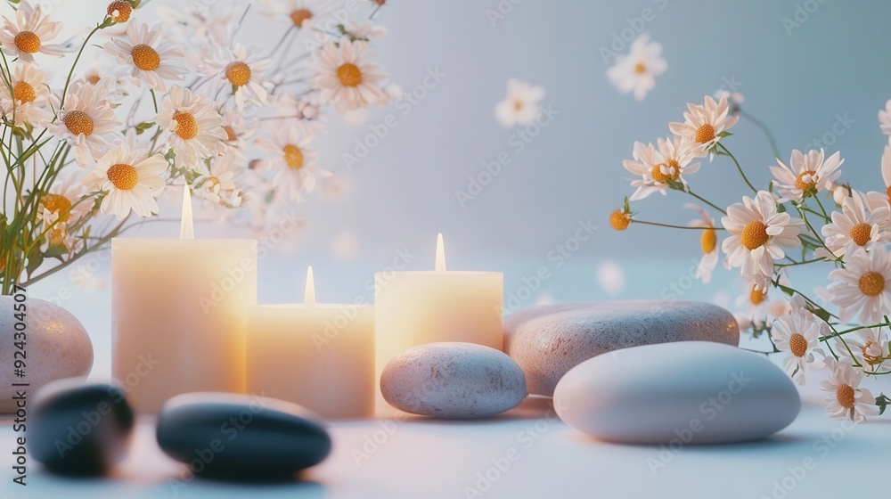 A tranquil spa setting with candles, smooth stones, and flowers, evoking a sense of balance and mental harmony A tranquil spa setting with candles, smooth stones, and flowers, evoking a sense of balance and mental harmony