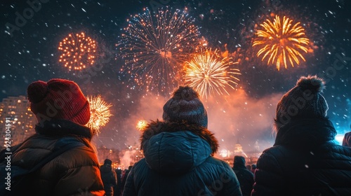 group of people bundled up in winter clothing, watching fireworks outdoors, bright lighting, vibrant and communal atmosphere