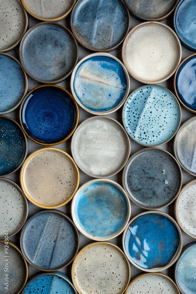 Various ceramic plates in light blue, navy blue, brown, and white displayed from a top-down view on a white background, highlighting different patterns and sizes. Various ceramic plates in light blue, navy blue, brown, and white displayed from a top-down view on a white background, highlighting different patterns and sizes.