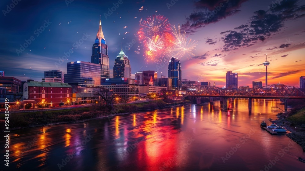 Fototapeta premium Nashville Skyline with Fireworks