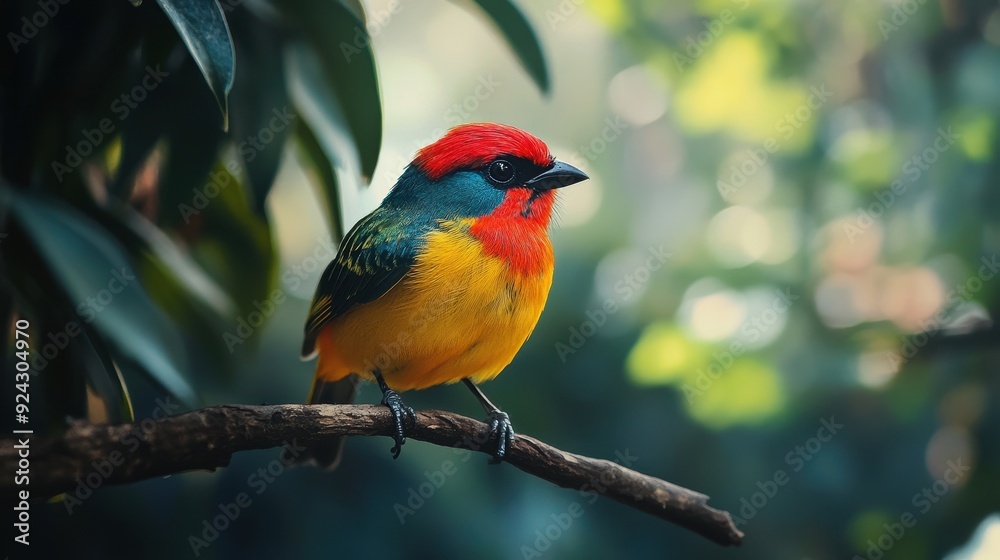 Colorful Bird Perched on Branch in Lush Green Foliage Colorful Bird Perched on Branch in Lush Green Foliage