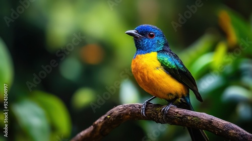 Colorful Bird Perched on Branch in Lush Green Foliage
