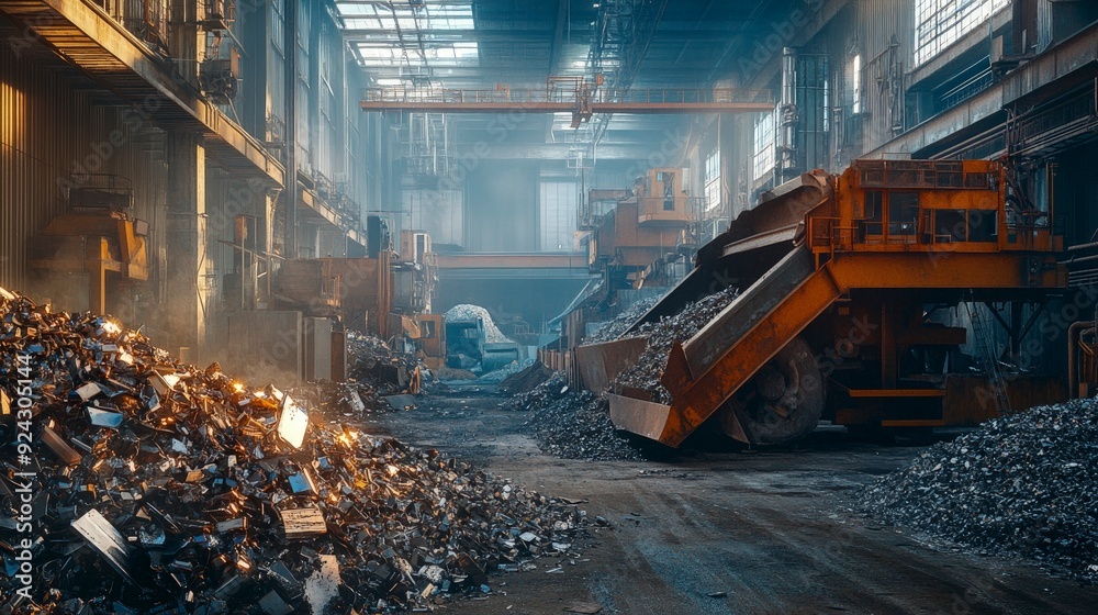 Fototapeta premium industrial facility processing scrap metal, with large machines crushing and sorting materials, bright overhead lighting, efficient and industrial tones