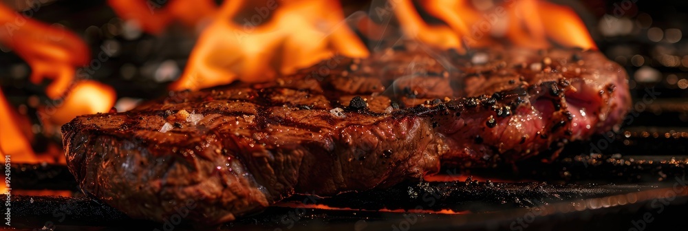 Striploin steak being grilled over fire on a professional pan Delicious cut of meat seared amidst flames in a premium meat eatery Top tier image