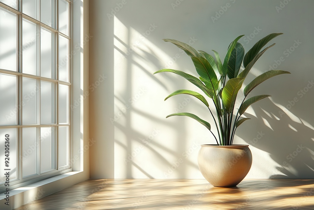 minimalist white room interior with sleek wooden flooring featuring a single potted plant casting gentle shadows emphasizing clean lines and serene atmosphere minimalist white room interior with sleek wooden flooring featuring a single potted plant casting gentle shadows emphasizing clean lines and serene atmosphere