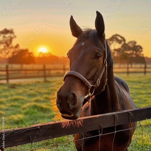 Thoroughbred horse looking at camera with warm sunrise