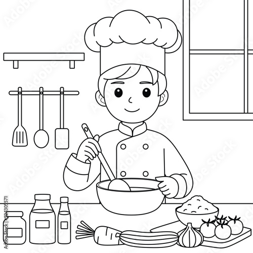 Chef Cooking in a Kitchen Outline Coloring Page. Labor Day Hand Drawn Clip art