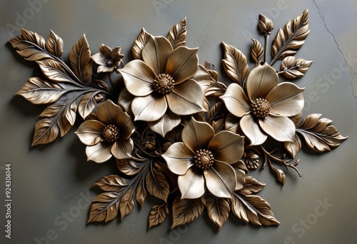 flowers sculpted in relief with a metallic finish, showcasing intricate details on an aged stone surface