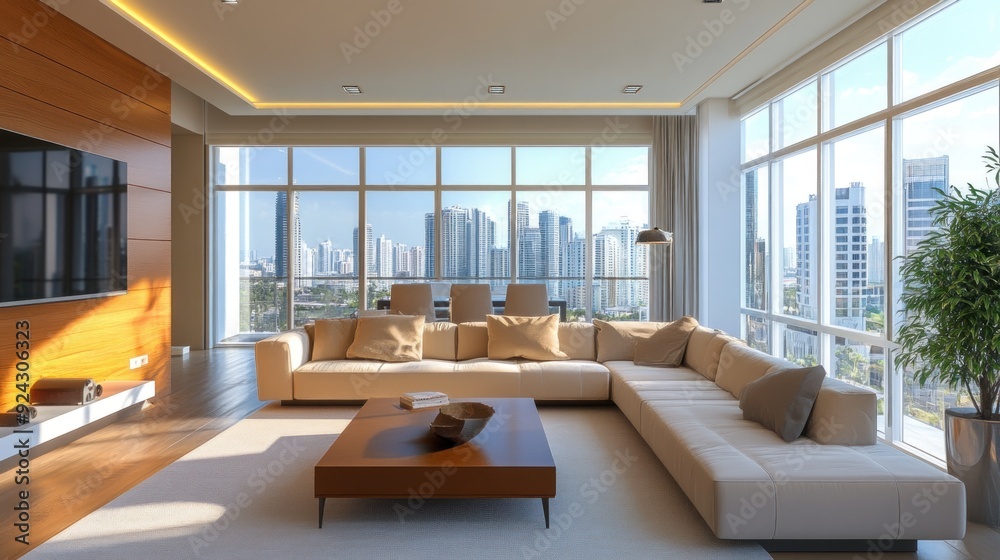 Fototapeta premium Modern Apartment Living Room with City View