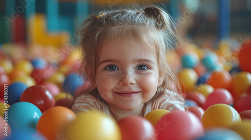 Happy little girl having fun in ball pit in kids indoor play center, Child playing with colorful balls in playground ball pool. Children's day concept. Generative AI	
