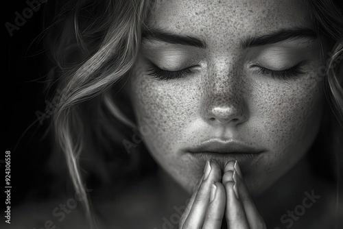 monochrome closeup of a womans face eyes closed hands clasped in prayer dramatic lighting emphasizing texture and emotion high contrast with deep shadows photo