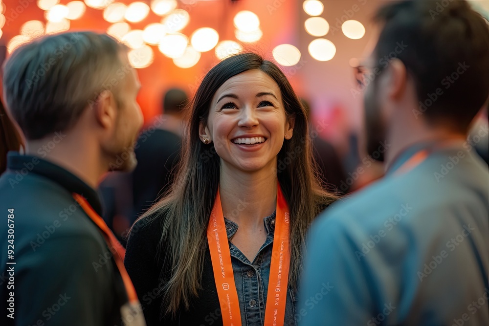 Fototapeta premium At the conclusion of the fair, a multi ethnic team in business attire converses happily and shares laughs at a booth, showcasing their camaraderie