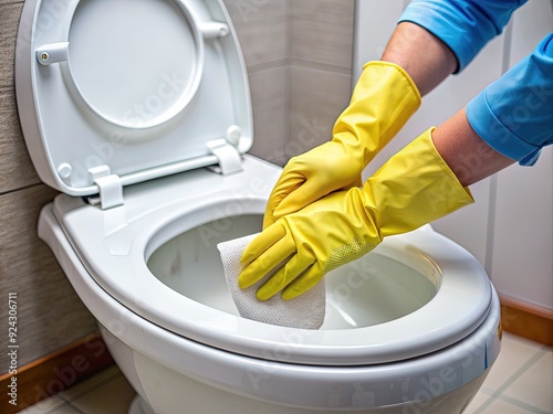 A person's hand, sans gloves, scrubs the toilet bowl with paper in a bathroom or public restroom, emphasizing disinfection, hygiene, and cleaning service concepts. photo