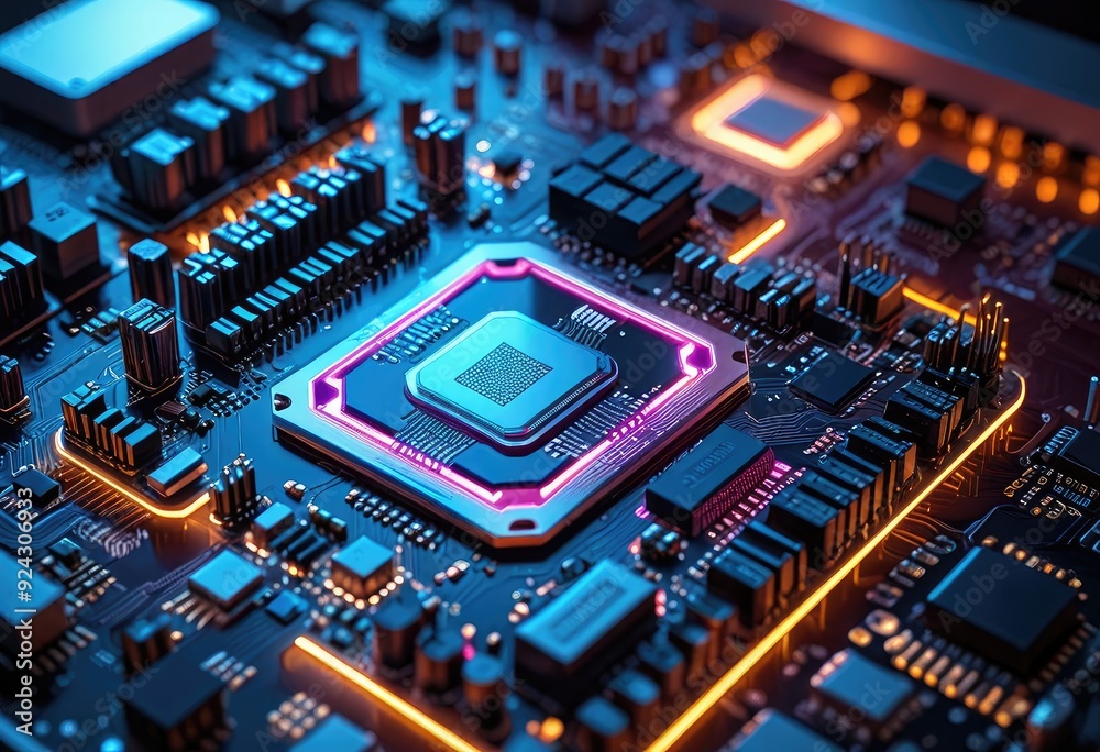 futuristic AI processor on a circuit board, surrounded by neon lighting and advanced microchips, highlighting the cutting-edge of technology futuristic AI processor on a circuit board, surrounded by neon lighting and advanced microchips, highlighting the cutting-edge of technology